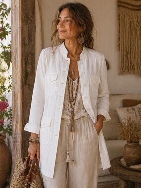 ROBERTA DI CAMERINO 100% Linen White Mandarin Collar Long Line Blazer